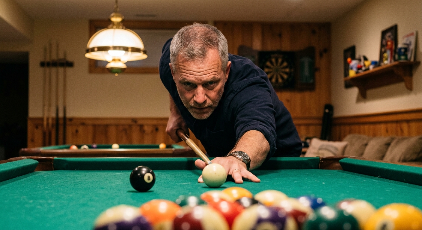 Pool player mid-stroke