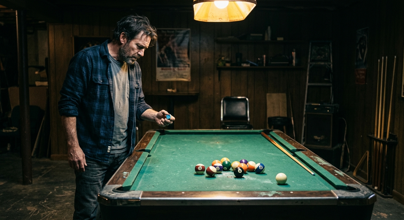A frustrated pool player standing alone at a dim basement table